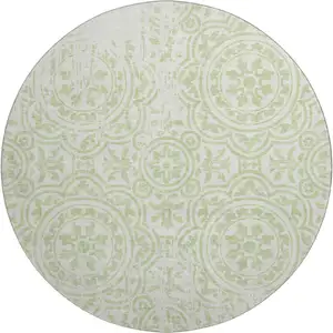 Photo of 8' Artichoke Green And Ivory Medallion Washable Round Rug With UV Protection