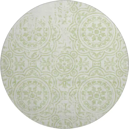 8' Artichoke Green And Ivory Medallion Washable Round Rug With UV Protection Photo 1
