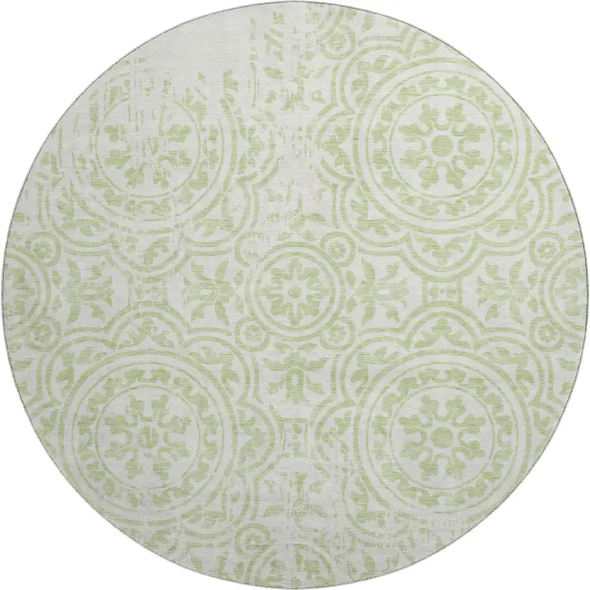 8' Artichoke Green And Ivory Medallion Washable Round Rug With UV Protection Photo 1