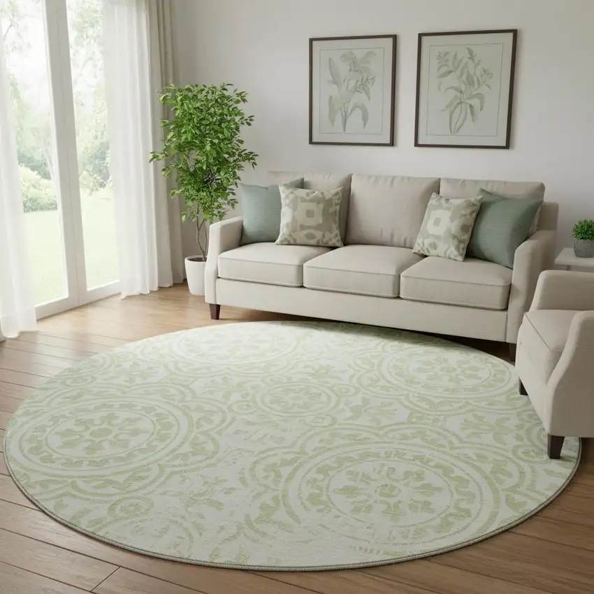 8' Artichoke Green And Ivory Medallion Washable Round Rug With UV Protection Photo 1