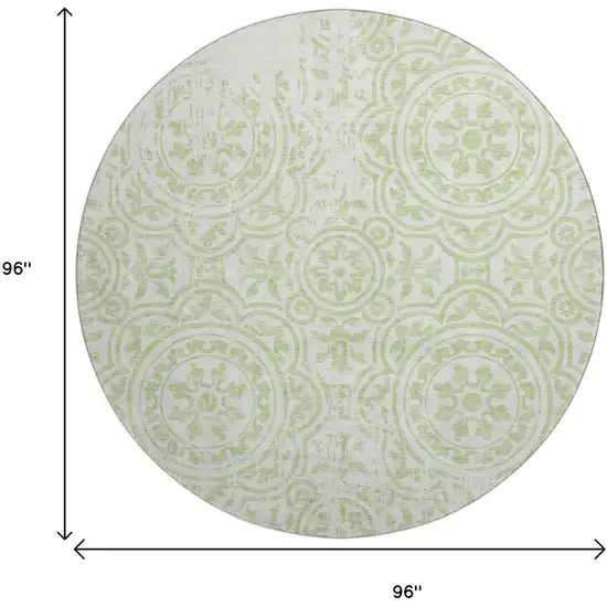8' Artichoke Green And Ivory Medallion Washable Round Rug With UV Protection Photo 3