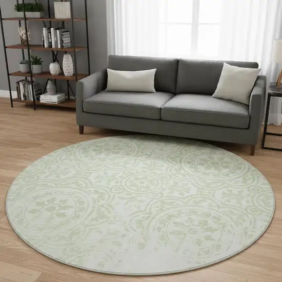 8' Artichoke Green And Ivory Medallion Washable Round Rug With UV Protection Photo 2