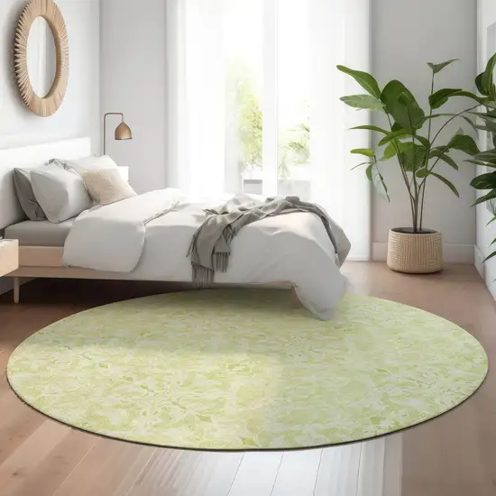 8' Artichoke Green And Ivory Medallion Washable Round Rug With UV Protection Photo 5