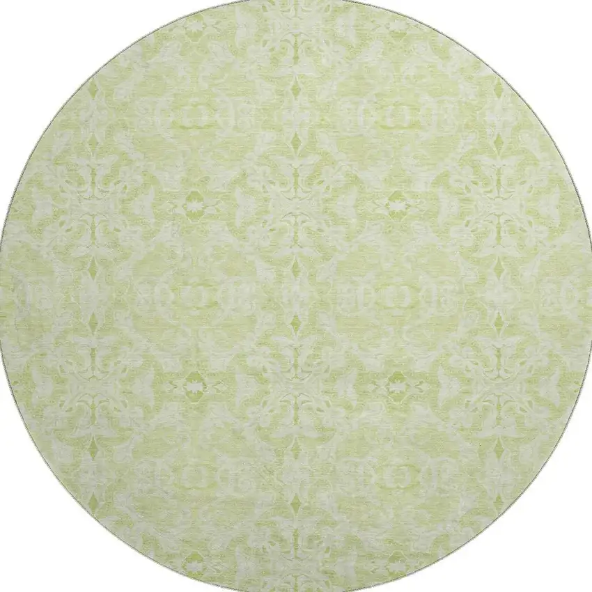 8' Artichoke Green And Ivory Medallion Washable Round Rug With UV Protection Photo 4