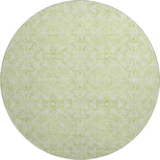 8' Artichoke Green And Ivory Medallion Washable Round Rug With UV Protection Photo 1