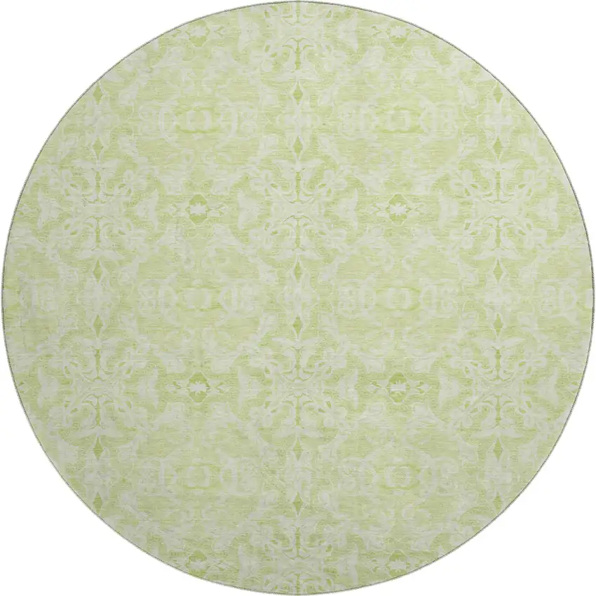 8' Artichoke Green And Ivory Medallion Washable Round Rug With UV Protection Photo 1