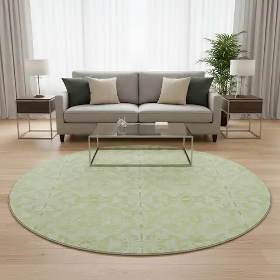 8' Artichoke Green And Ivory Medallion Washable Round Rug With UV Protection Photo 2