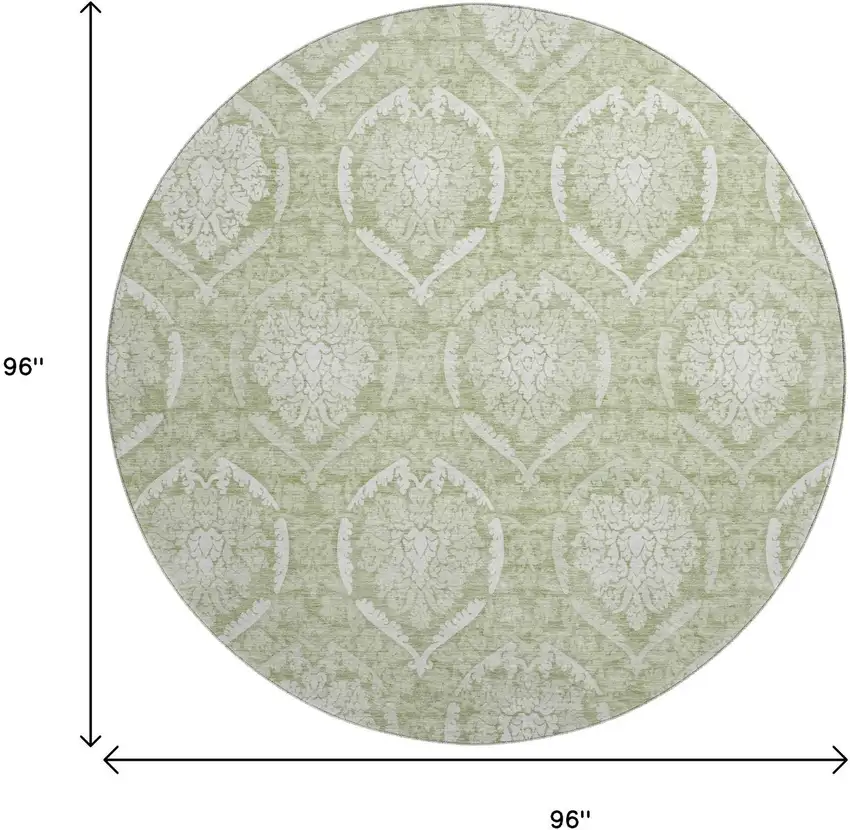 8' Artichoke Green And Ivory Medallion Washable Round Rug With UV Protection Photo 3