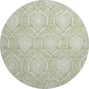 Photo of 8' Artichoke Green And Ivory Medallion Washable Round Rug With UV Protection