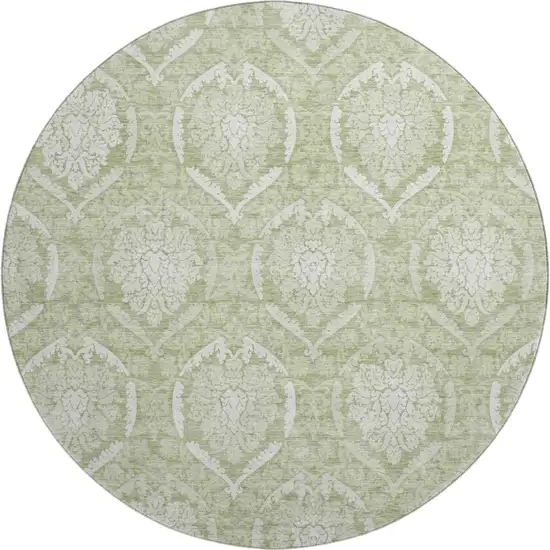 8' Artichoke Green And Ivory Medallion Washable Round Rug With UV Protection Photo 1