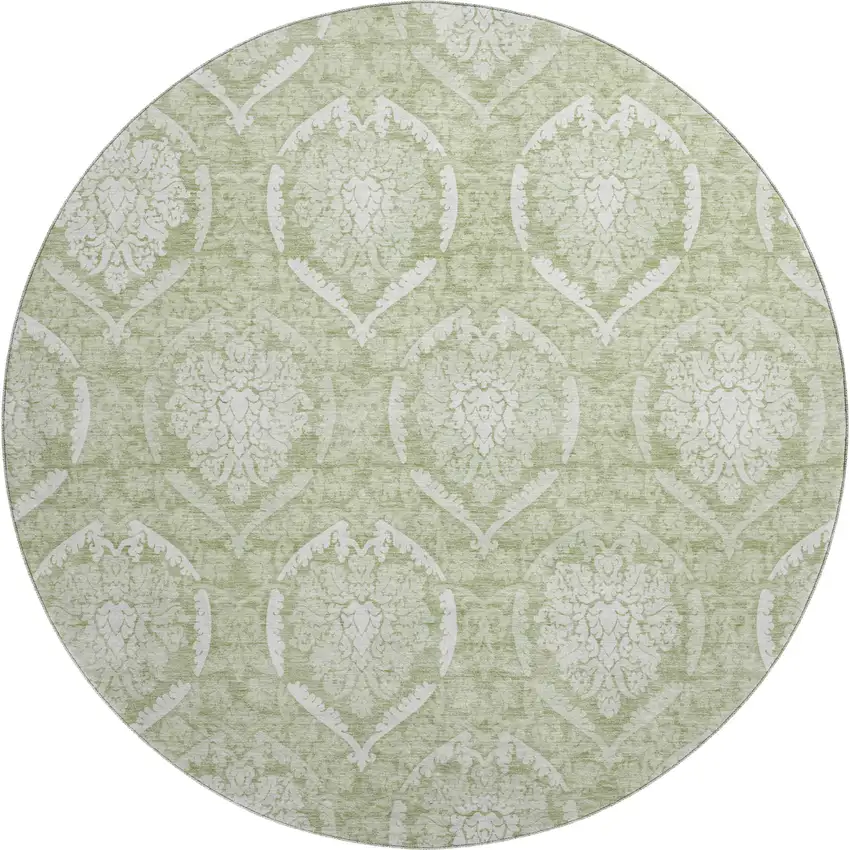 8' Artichoke Green And Ivory Medallion Washable Round Rug With UV Protection Photo 1
