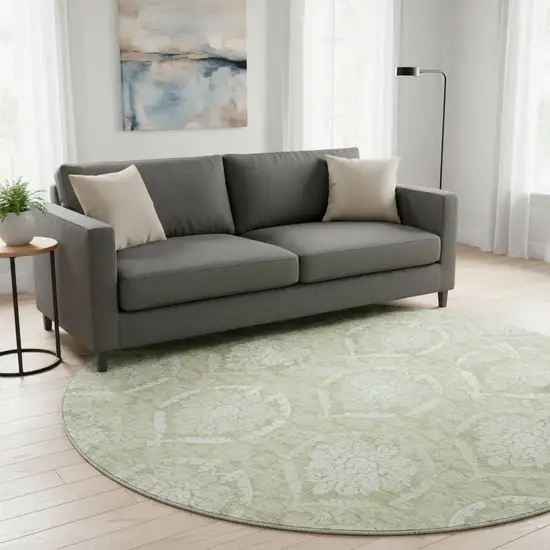 8' Artichoke Green And Ivory Medallion Washable Round Rug With UV Protection Photo 2