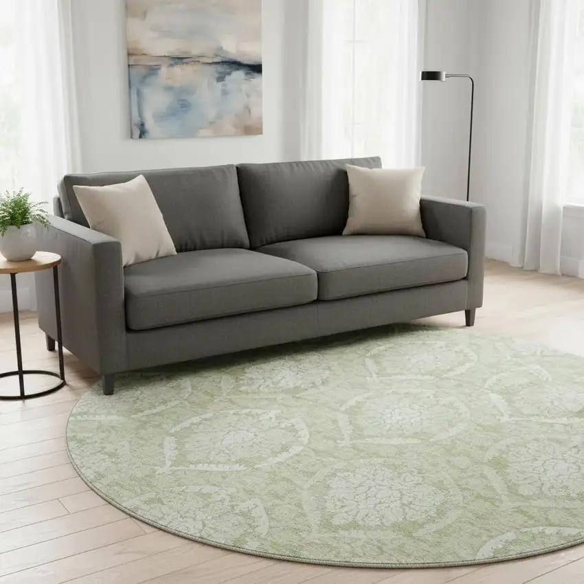 8' Artichoke Green And Ivory Medallion Washable Round Rug With UV Protection Photo 2