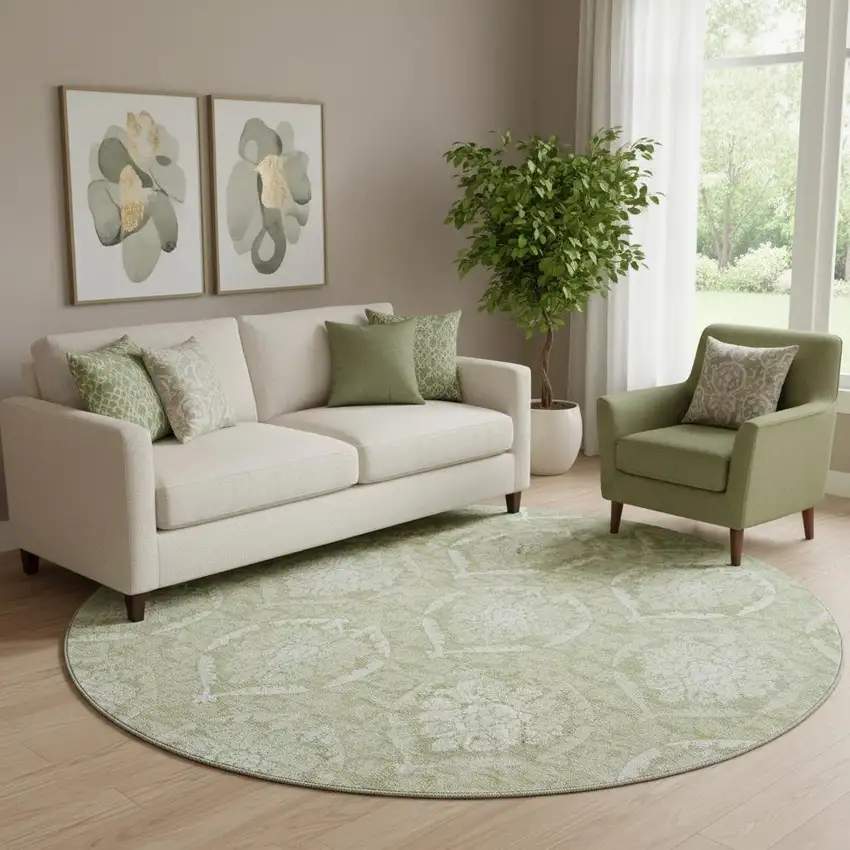 8' Artichoke Green And Ivory Medallion Washable Round Rug With UV Protection Photo 1