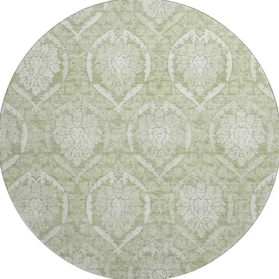 8' Artichoke Green And Ivory Medallion Washable Round Rug With UV Protection Photo 4