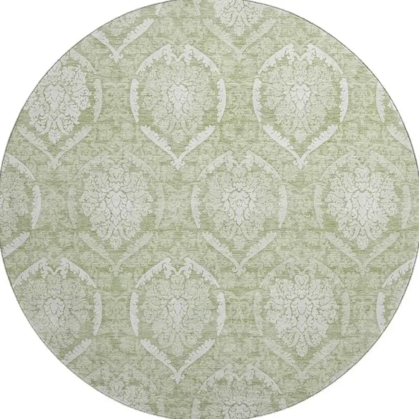 8' Artichoke Green And Ivory Medallion Washable Round Rug With UV Protection Photo 4