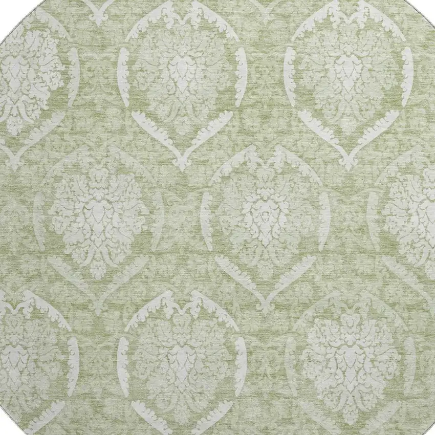 8' Artichoke Green And Ivory Medallion Washable Round Rug With UV Protection Photo 3