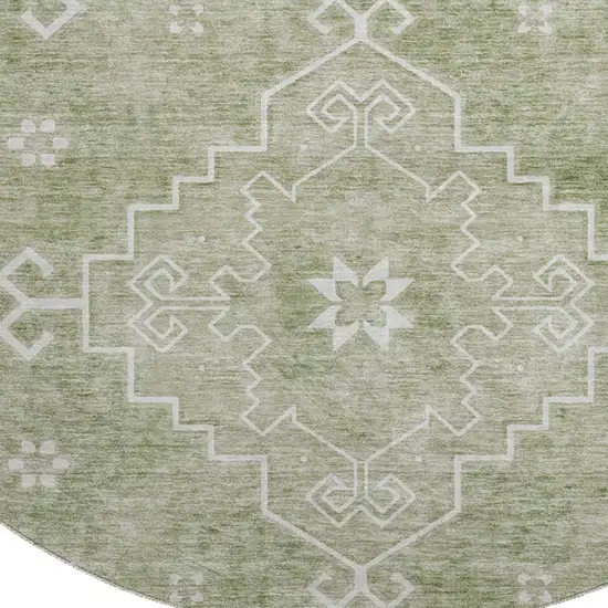 8' Artichoke Green And Ivory Medallion Washable Round Rug With UV Protection Photo 4