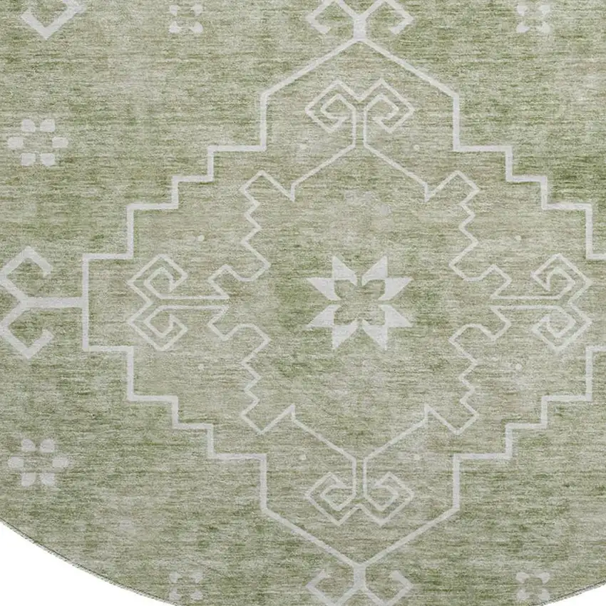 8' Artichoke Green And Ivory Medallion Washable Round Rug With UV Protection Photo 4