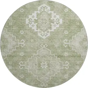 Photo of 8' Artichoke Green And Ivory Medallion Washable Round Rug With UV Protection