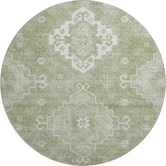 8' Artichoke Green And Ivory Medallion Washable Round Rug With UV Protection Photo 1