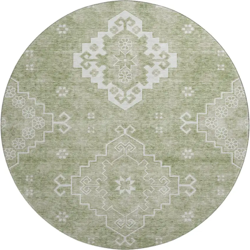 8' Artichoke Green And Ivory Medallion Washable Round Rug With UV Protection Photo 1