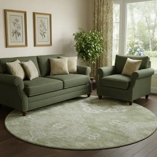 8' Artichoke Green And Ivory Medallion Washable Round Rug With UV Protection Photo 1