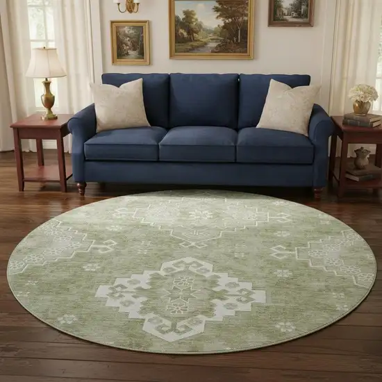 8' Artichoke Green And Ivory Medallion Washable Round Rug With UV Protection Photo 2