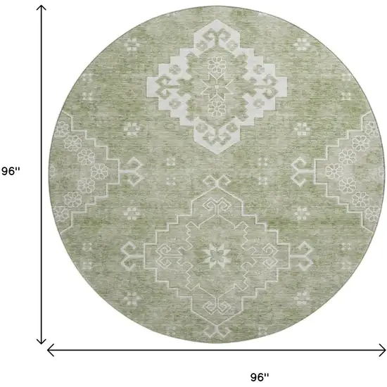 8' Artichoke Green And Ivory Medallion Washable Round Rug With UV Protection Photo 3
