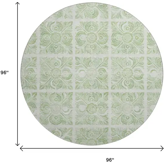 8' Artichoke Green And Ivory Medallion Washable Round Rug With UV Protection Photo 3