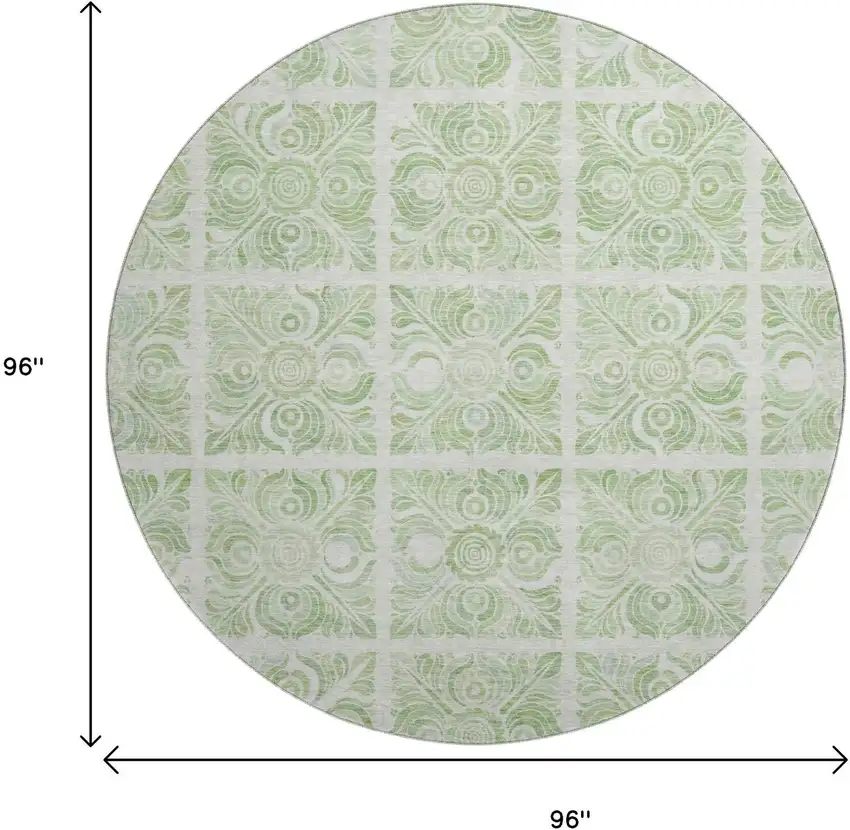 8' Artichoke Green And Ivory Medallion Washable Round Rug With UV Protection Photo 3