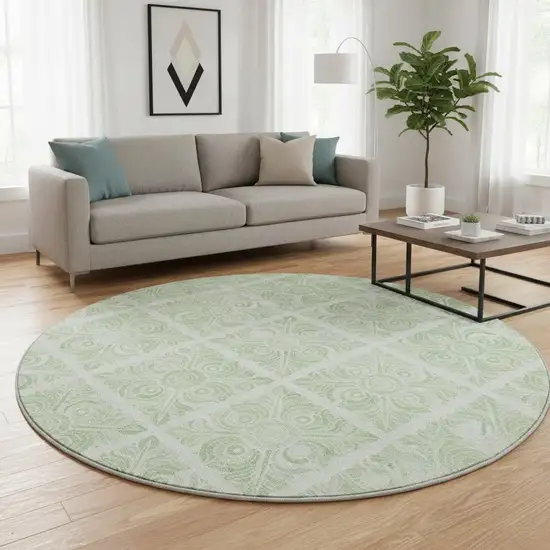 8' Artichoke Green And Ivory Medallion Washable Round Rug With UV Protection Photo 2