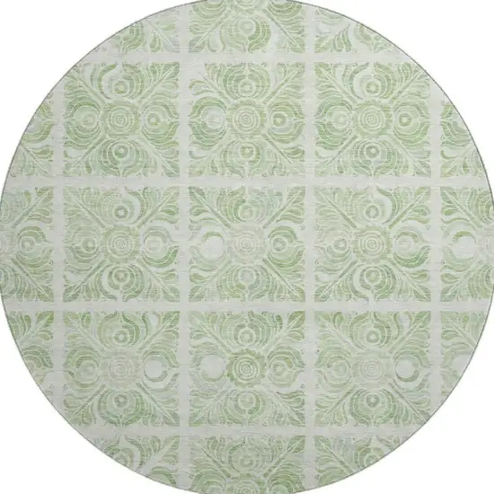 8' Artichoke Green And Ivory Medallion Washable Round Rug With UV Protection Photo 4