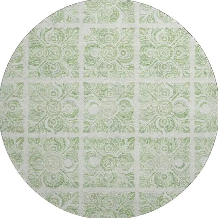 8' Artichoke Green And Ivory Medallion Washable Round Rug With UV Protection Photo 4