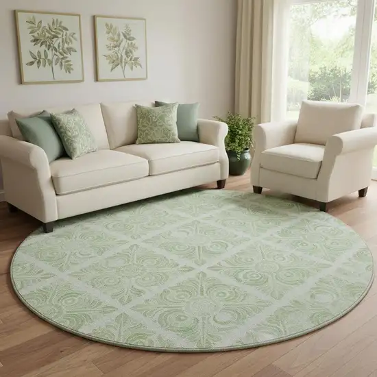 8' Artichoke Green And Ivory Medallion Washable Round Rug With UV Protection Photo 1
