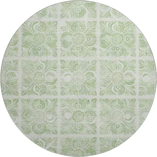 8' Artichoke Green And Ivory Medallion Washable Round Rug With UV Protection Photo 1