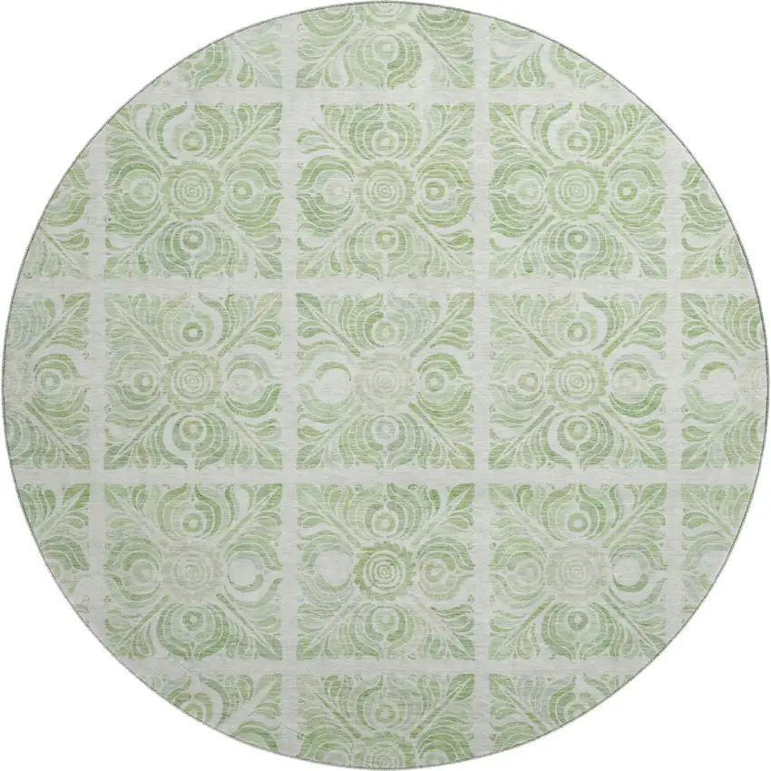 8' Artichoke Green And Ivory Medallion Washable Round Rug With UV Protection Photo 1