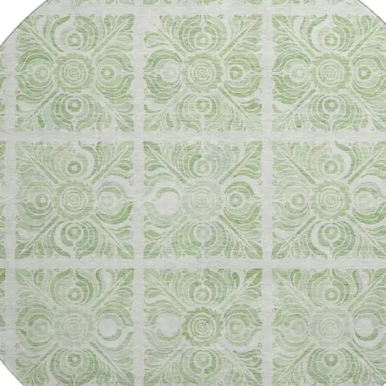 8' Artichoke Green And Ivory Medallion Washable Round Rug With UV Protection Photo 3