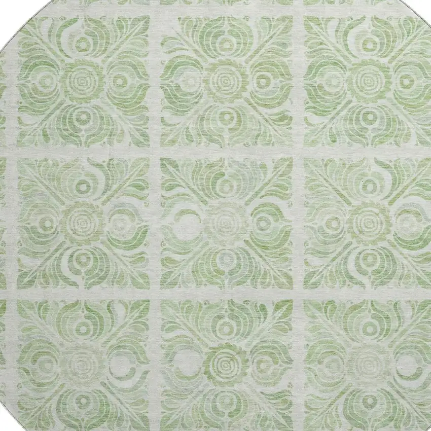 8' Artichoke Green And Ivory Medallion Washable Round Rug With UV Protection Photo 3