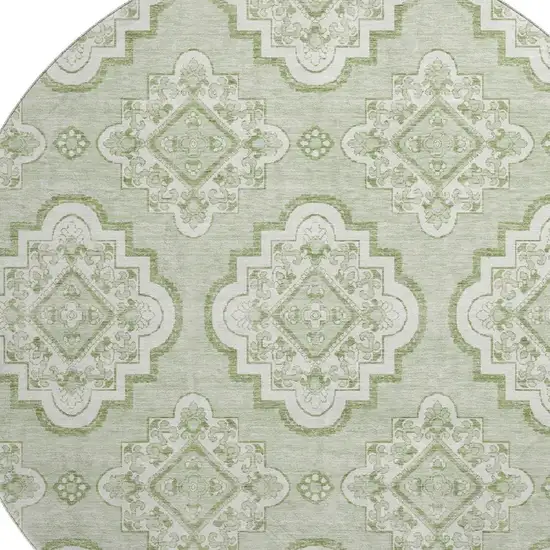 8' Artichoke Green And Ivory Medallion Washable Round Rug With UV Protection Photo 3