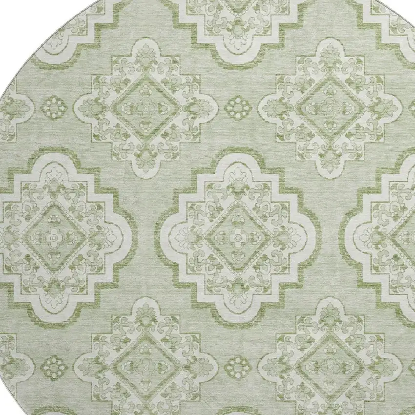 8' Artichoke Green And Ivory Medallion Washable Round Rug With UV Protection Photo 3