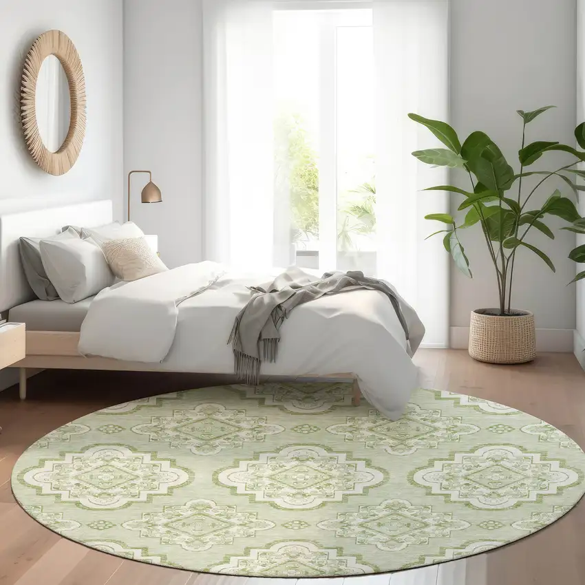 8' Artichoke Green And Ivory Medallion Washable Round Rug With UV Protection Photo 5