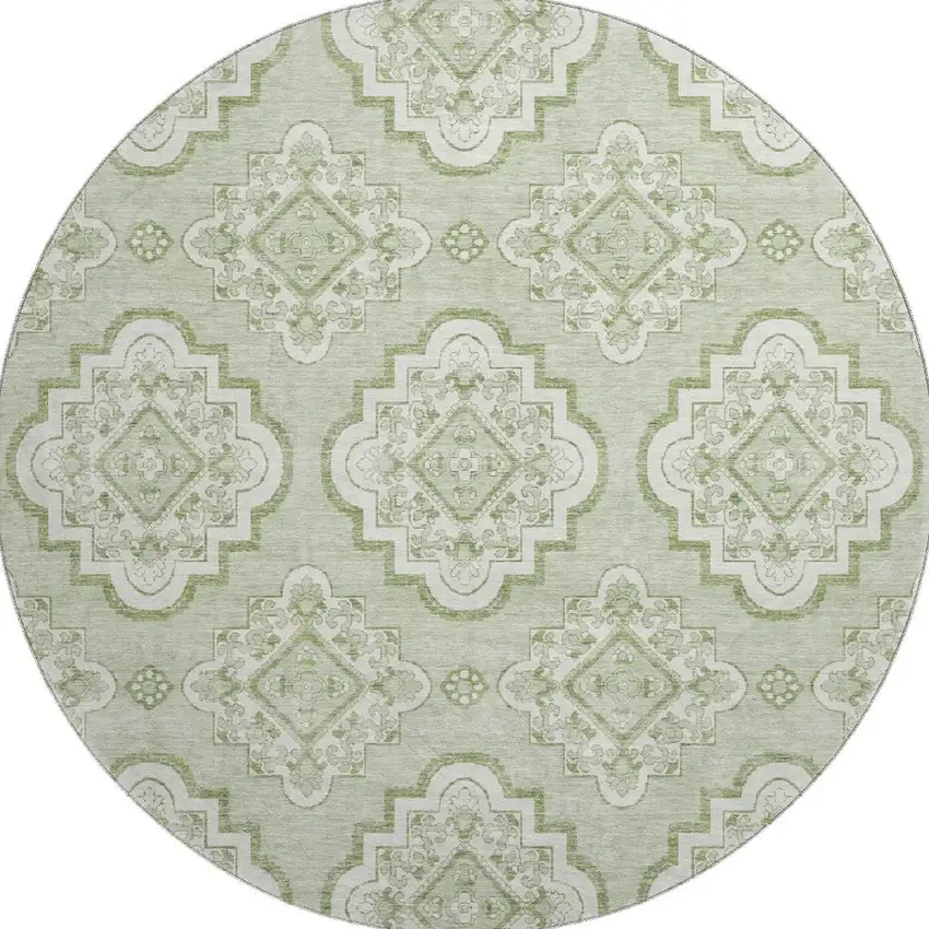 8' Artichoke Green And Ivory Medallion Washable Round Rug With UV Protection Photo 4