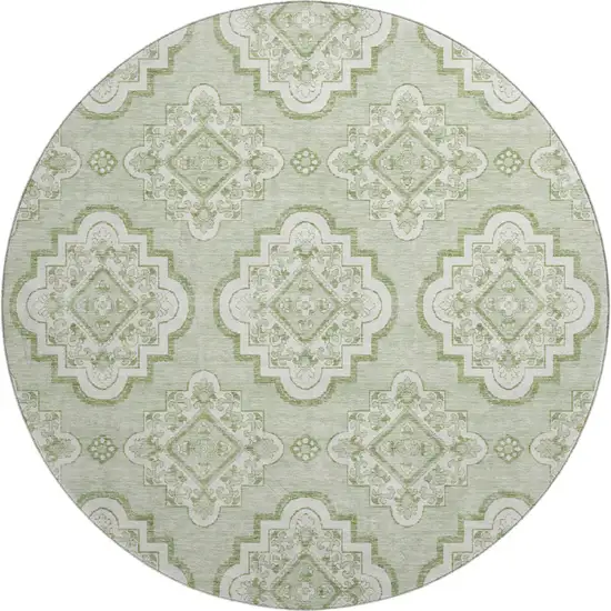 8' Artichoke Green And Ivory Medallion Washable Round Rug With UV Protection Photo 1