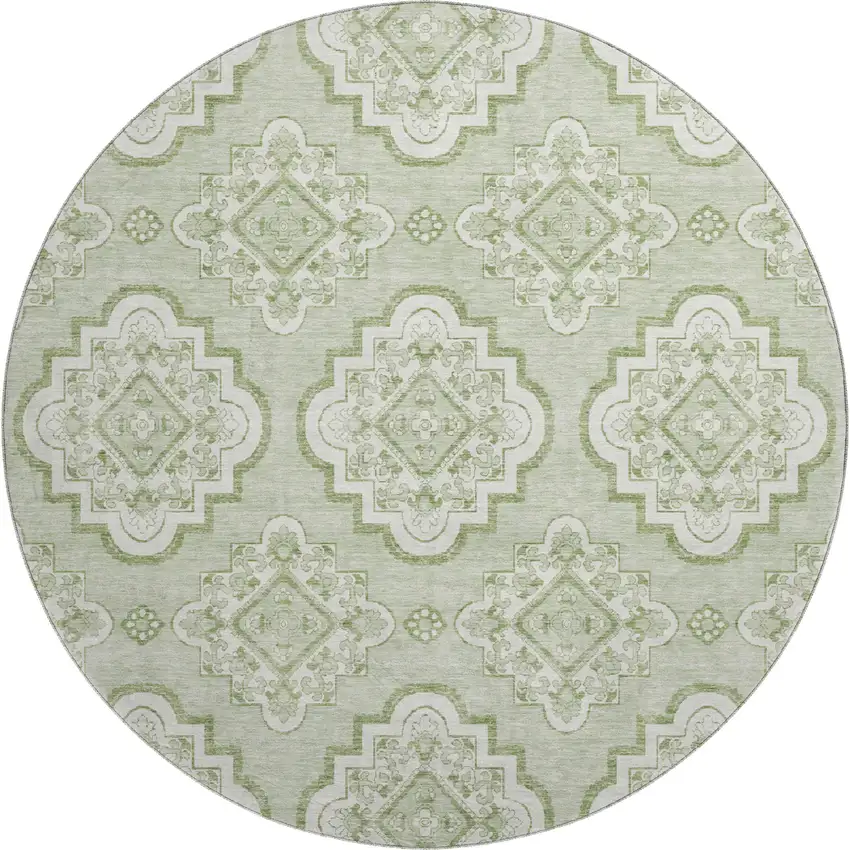 8' Artichoke Green And Ivory Medallion Washable Round Rug With UV Protection Photo 1