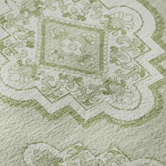 8' Artichoke Green And Ivory Medallion Washable Round Rug With UV Protection Photo 9