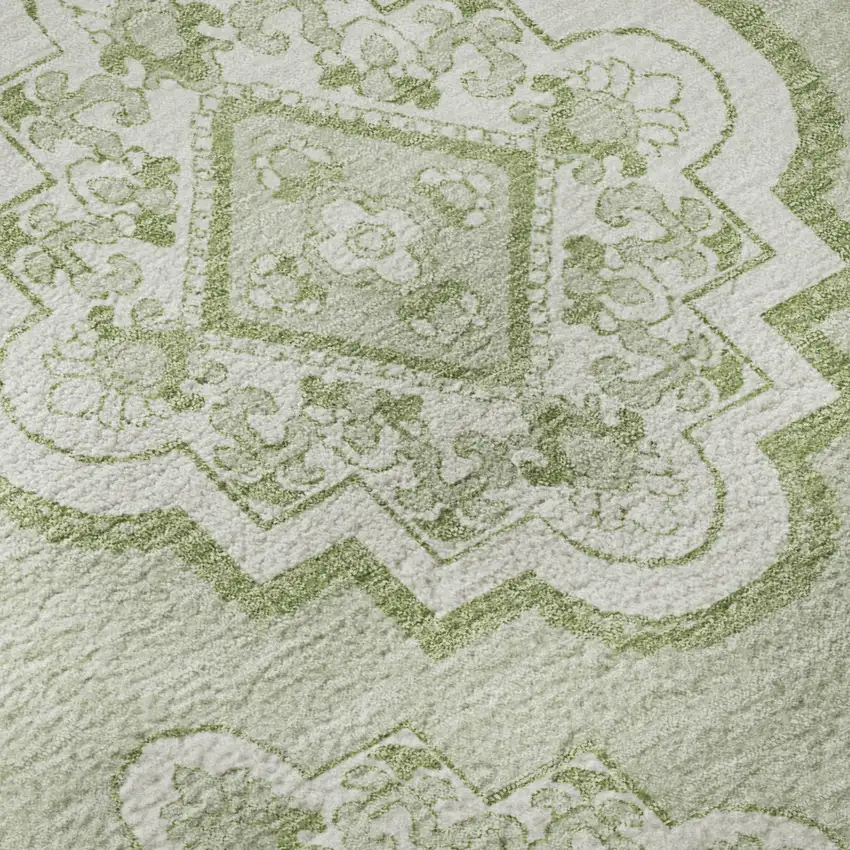 8' Artichoke Green And Ivory Medallion Washable Round Rug With UV Protection Photo 9