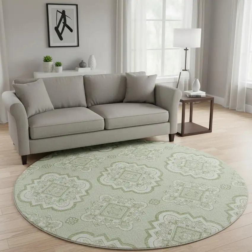 8' Artichoke Green And Ivory Medallion Washable Round Rug With UV Protection Photo 2