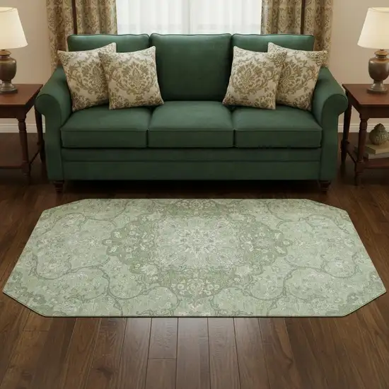 8' Artichoke Green And Ivory Medallion Washable Round Rug With UV Protection Photo 2
