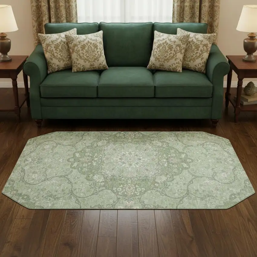 8' Artichoke Green And Ivory Medallion Washable Round Rug With UV Protection Photo 2